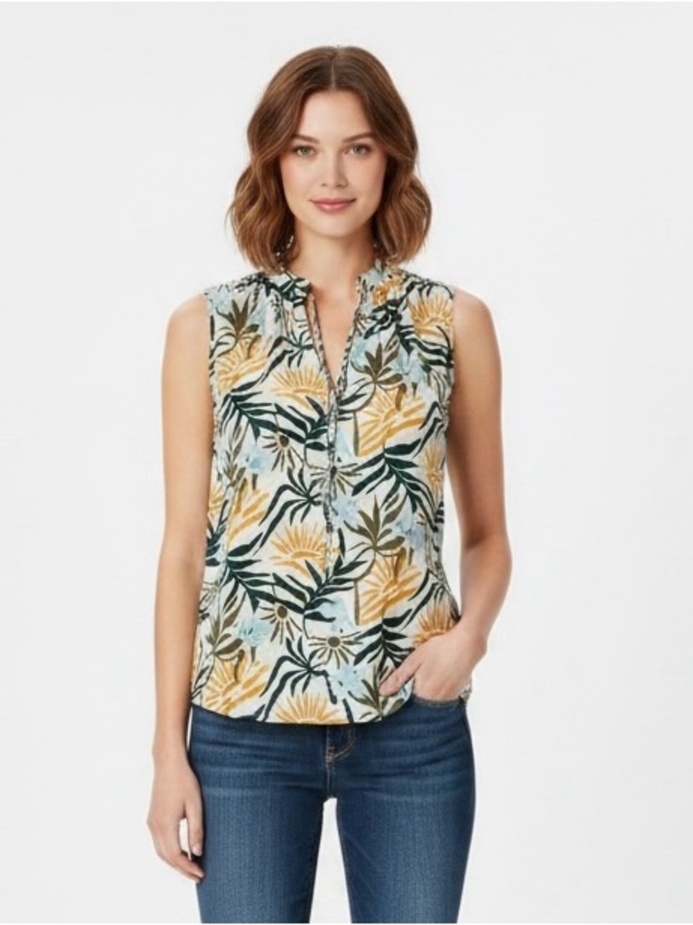 LOFT Sleeveless Floral Print Split-Neck Top in Light Blue and Mustard Size XXS